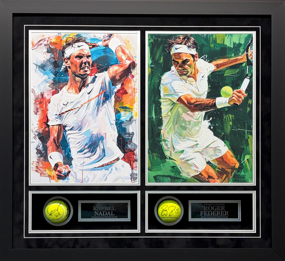 Roger Federer & Rafael Nadal Dual Signed Tennis Ball Display — The Greatest Rivalry